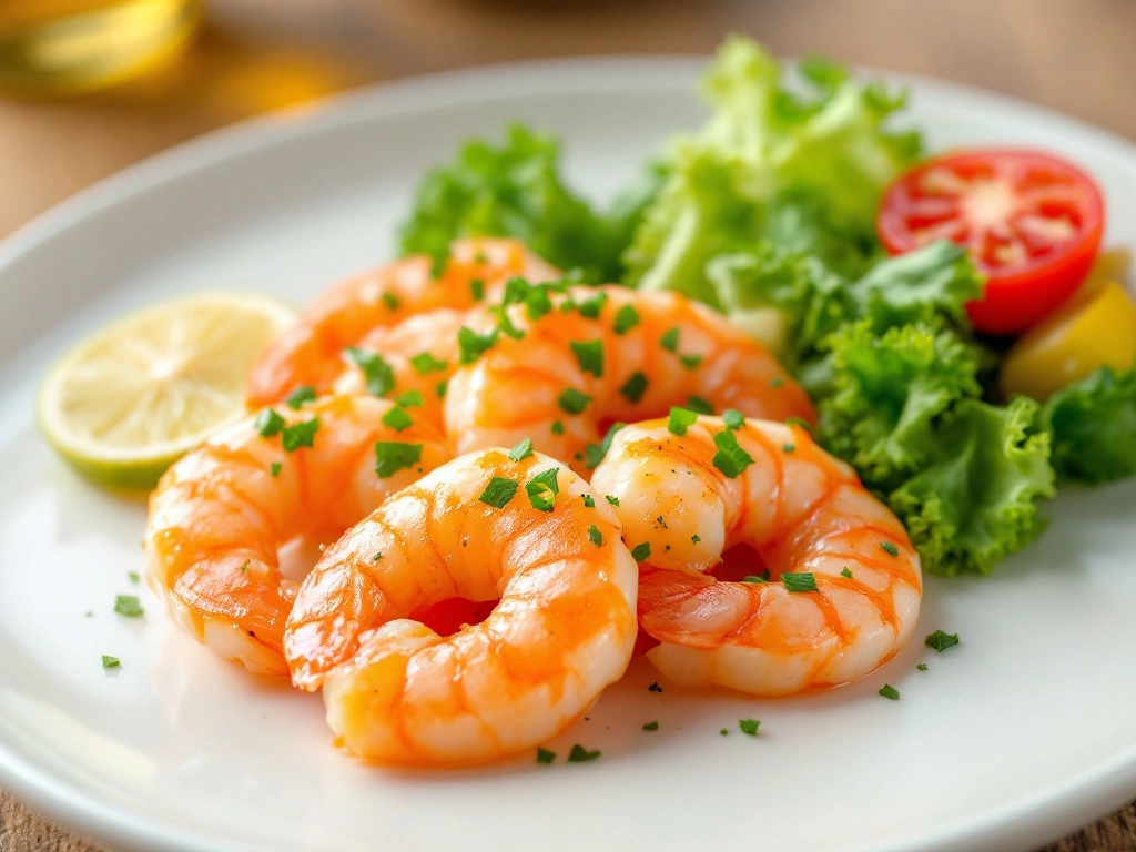 A plate of garlic shrimp garnished with chopped herbs and served with a side of vegetables.