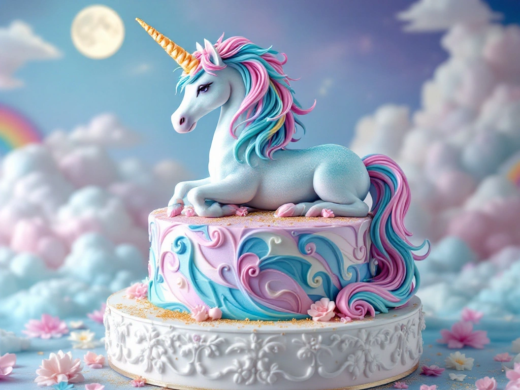 Whimsical Multi-Tiered Unicorn Cake with Rainbow Accents