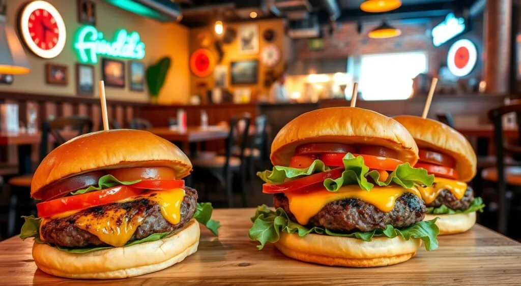 A delicious burger served with crispy fries and a refreshing drink at Burger Den.
