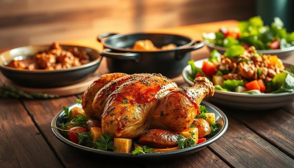 A roasted Brahma chicken on a serving platter garnished with fresh rosemary and lemon slices.