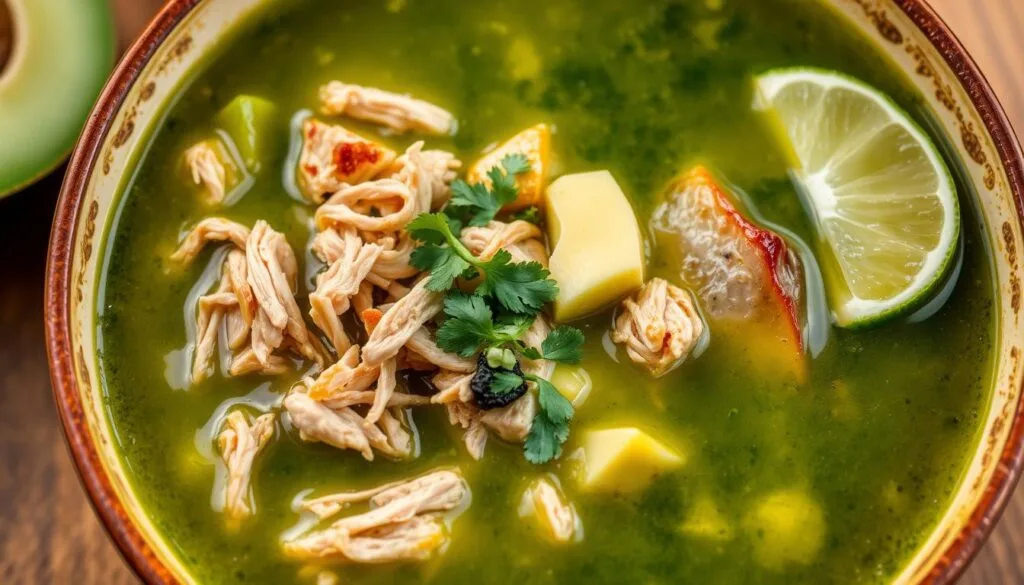 A creamy bowl of chicken poblano soup garnished with fresh cilantro and a lime wedge.