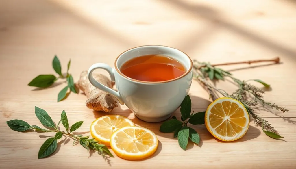 A steaming cup of detox tea with herbs and lemon slices, perfect for cleansing.