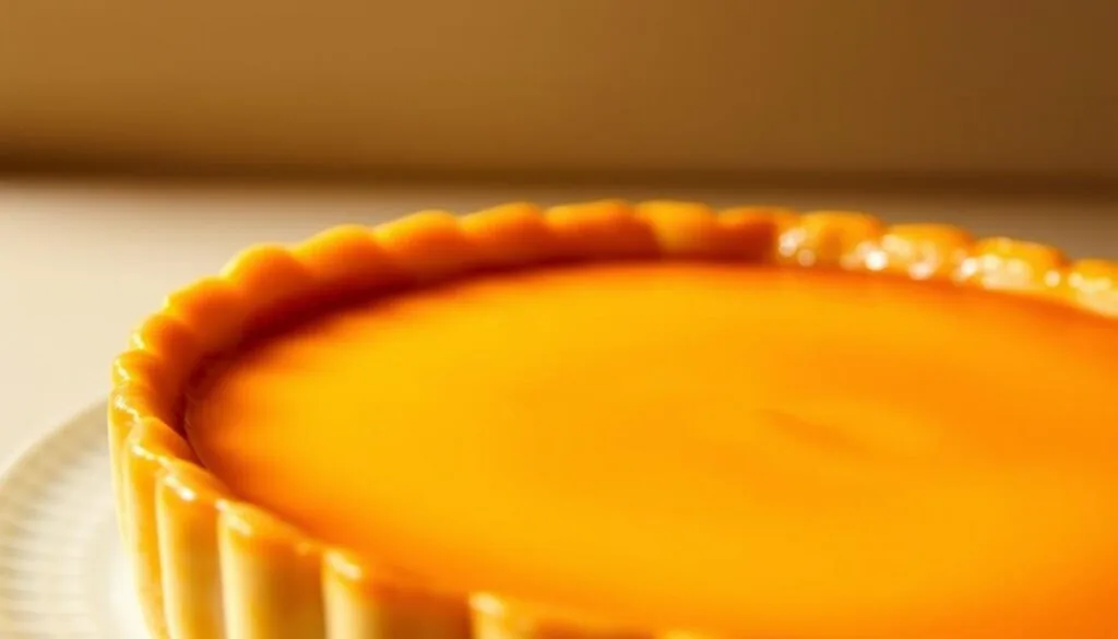Close-up of a creamy Flan Napolitano topped with caramel syrup.