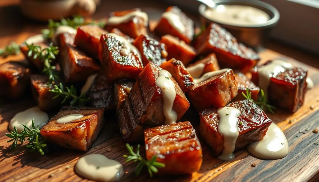 Juicy garlic steak bites in a cast-iron skillet, garnished with fresh parsley.