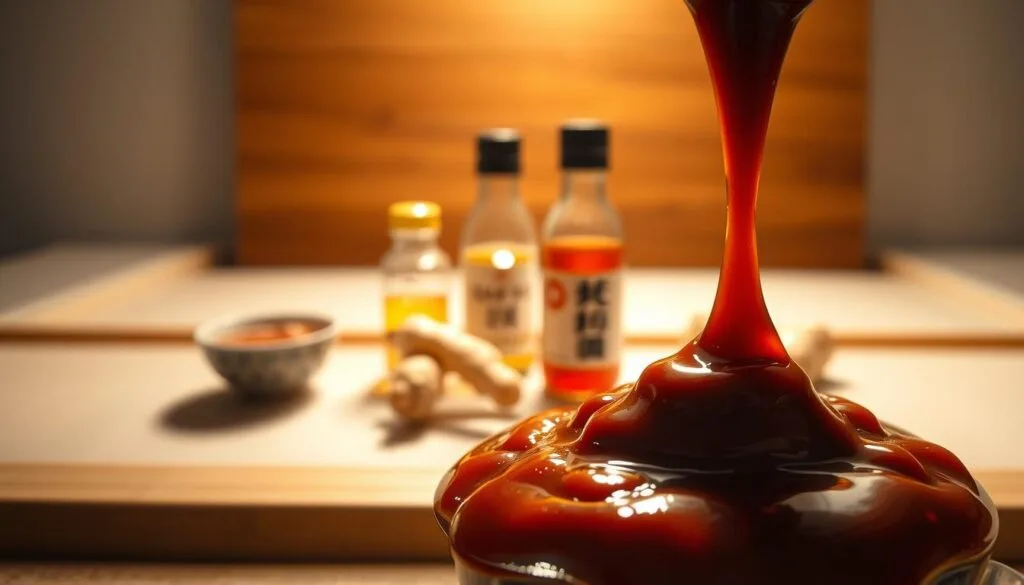 A glass jar filled with Japanese BBQ sauce surrounded by fresh ginger, garlic, and sesame seeds.