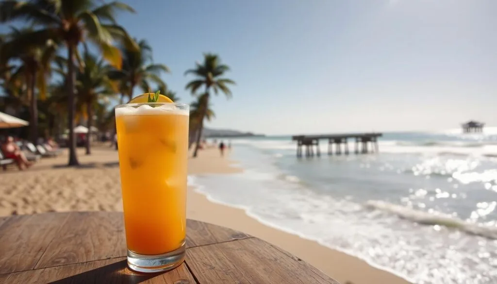 A tall glass of Malibu Bay Breeze garnished with a pineapple slice and cherry, set against a tropical background.