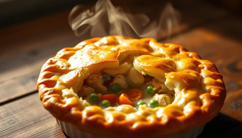Golden-brown Pillsbury chicken pot pie with flaky crust and filling of chicken, vegetables, and gravy.