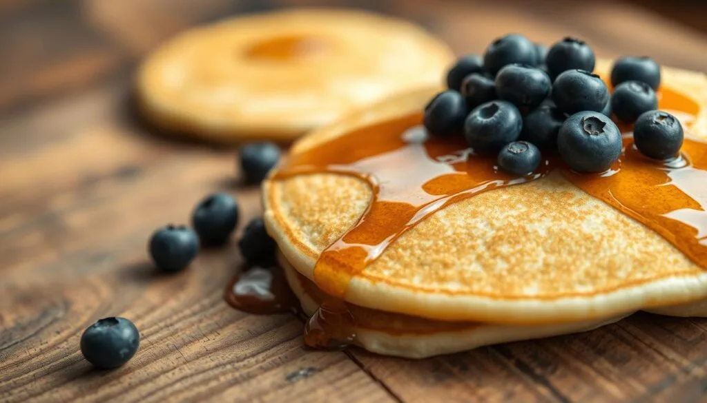 A stack of fluffy Premier Protein Pancakes topped with syrup, fresh berries, and a dollop of whipped cream.
