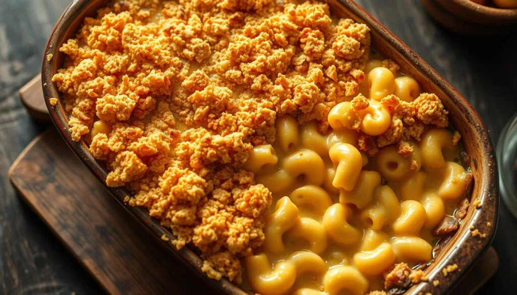 A creamy, golden-brown serving of smoked mac and cheese, topped with a crispy breadcrumb layer.