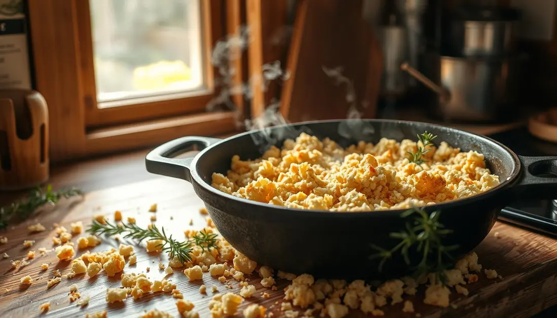Freshly baked bread loaf next to a bowl of golden breadcrumbs on a wooden table.