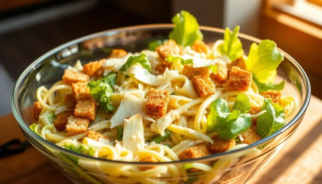 Delicious Caesar pasta salad with creamy dressing, crispy croutons, and a sprinkle of Parmesan cheese.