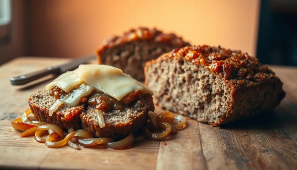 A sliced French onion meatloaf topped with caramelized onions and melted cheese on a wooden cutting board.