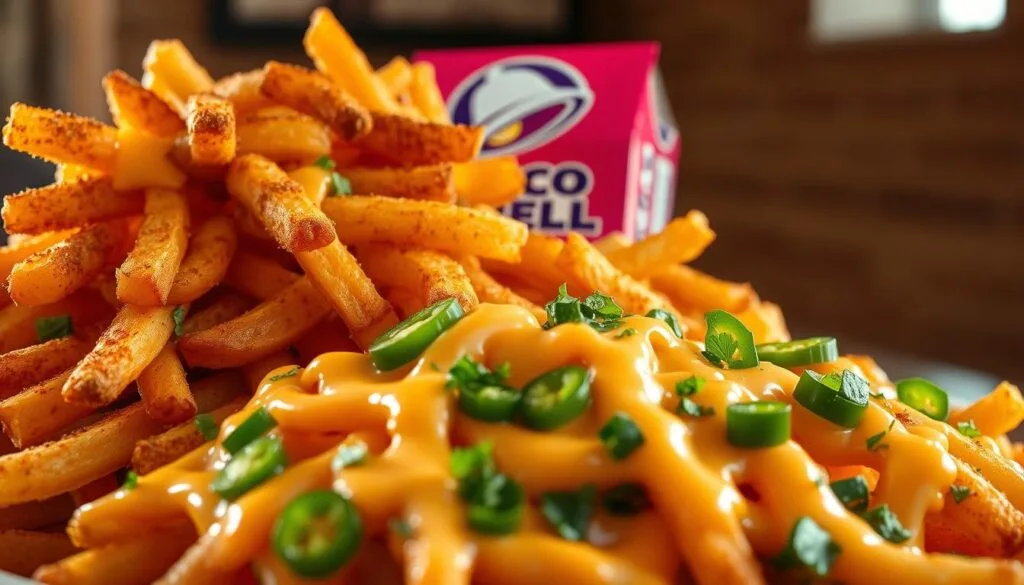 Close-up of crispy Taco Bell Nacho Fries served with a side of creamy nacho cheese dipping sauce