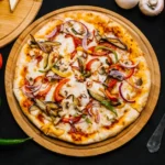 A close-up of a supreme pizza slice, featuring vibrant toppings like pepperoni, sausage, green bell peppers, onions, and black olives on a golden, crispy crust.