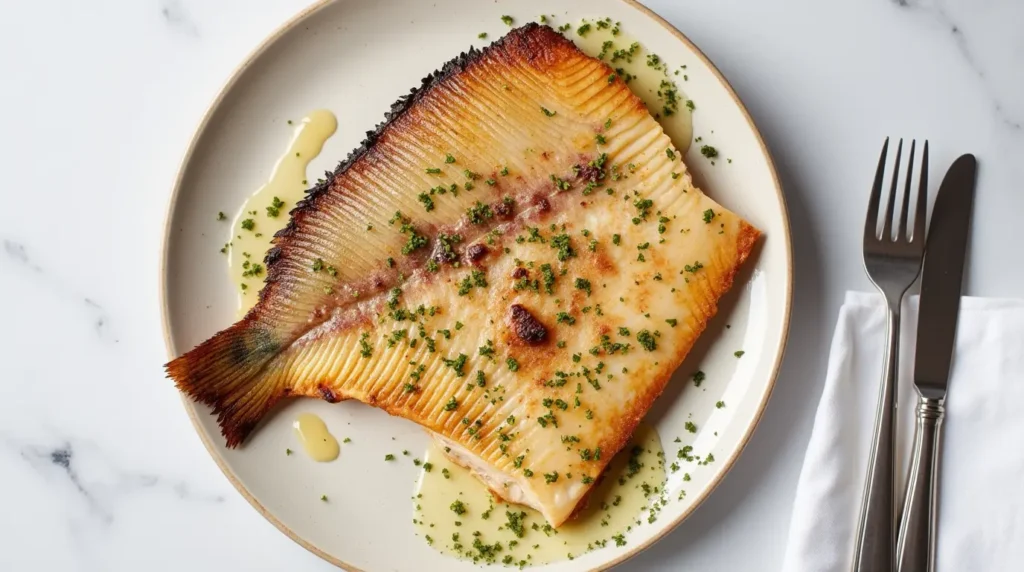 A perfectly grilled skate wing topped with lemon butter and fresh herbs on a white plate.