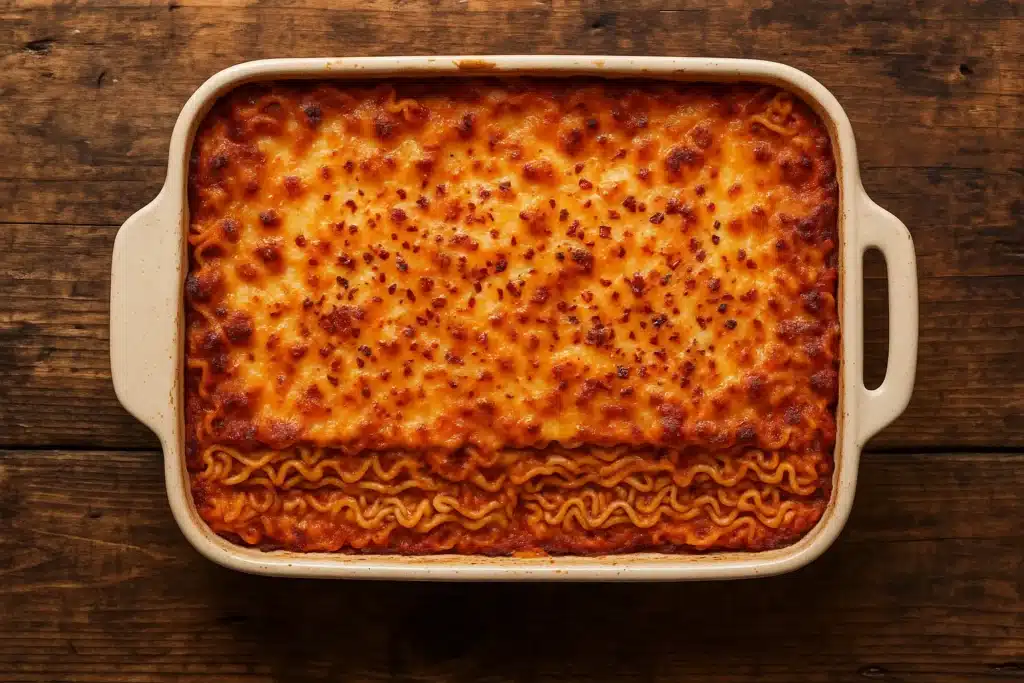 Spicy Ramen Lasagna freshly baked with cheese and chili