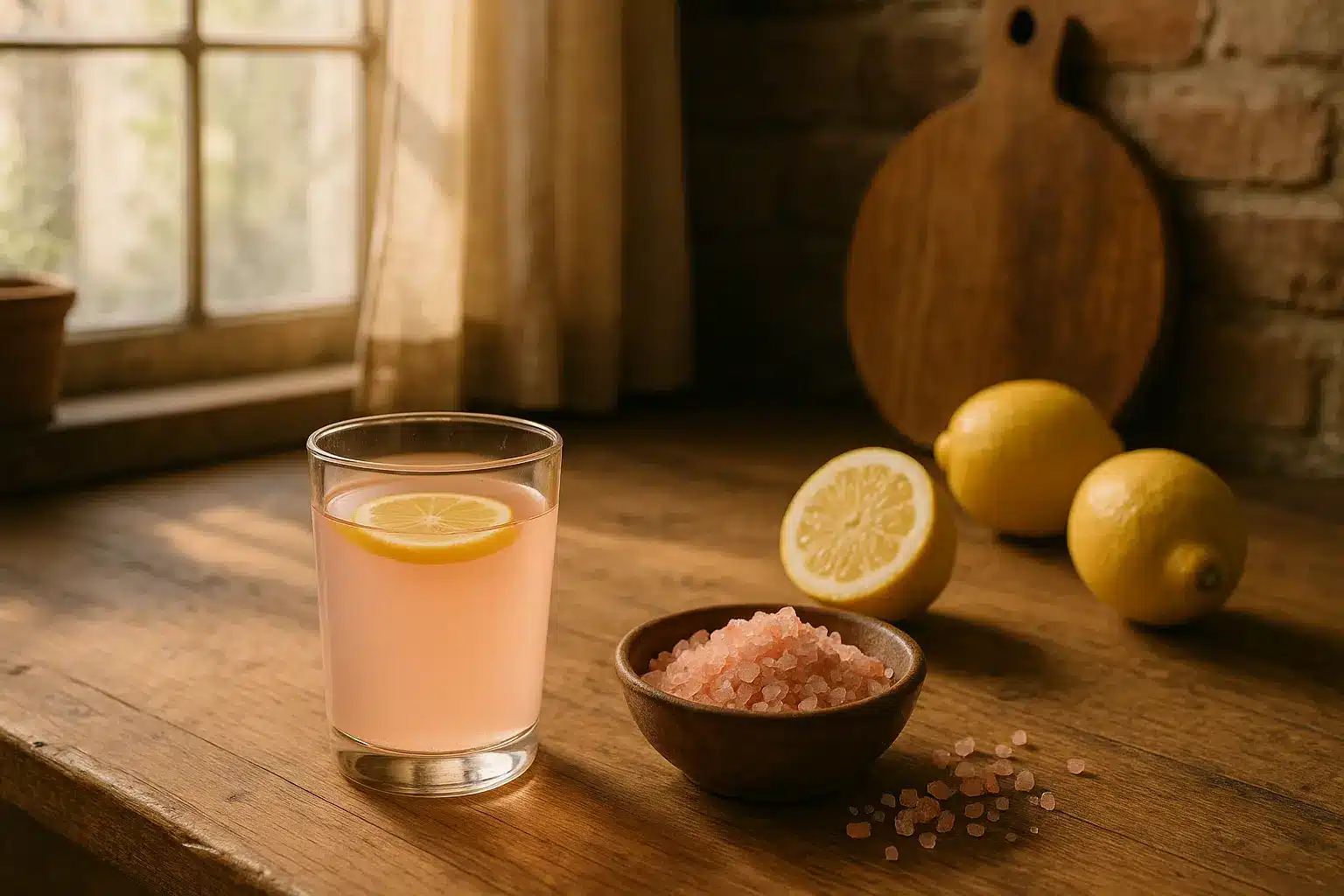 pink salt recipe for weight loss drink on a kitchen counter