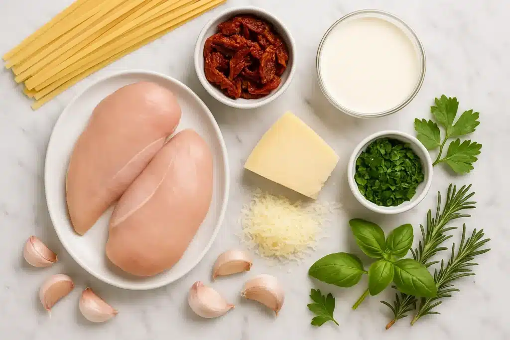 marry me chicken pasta ingredients on counter