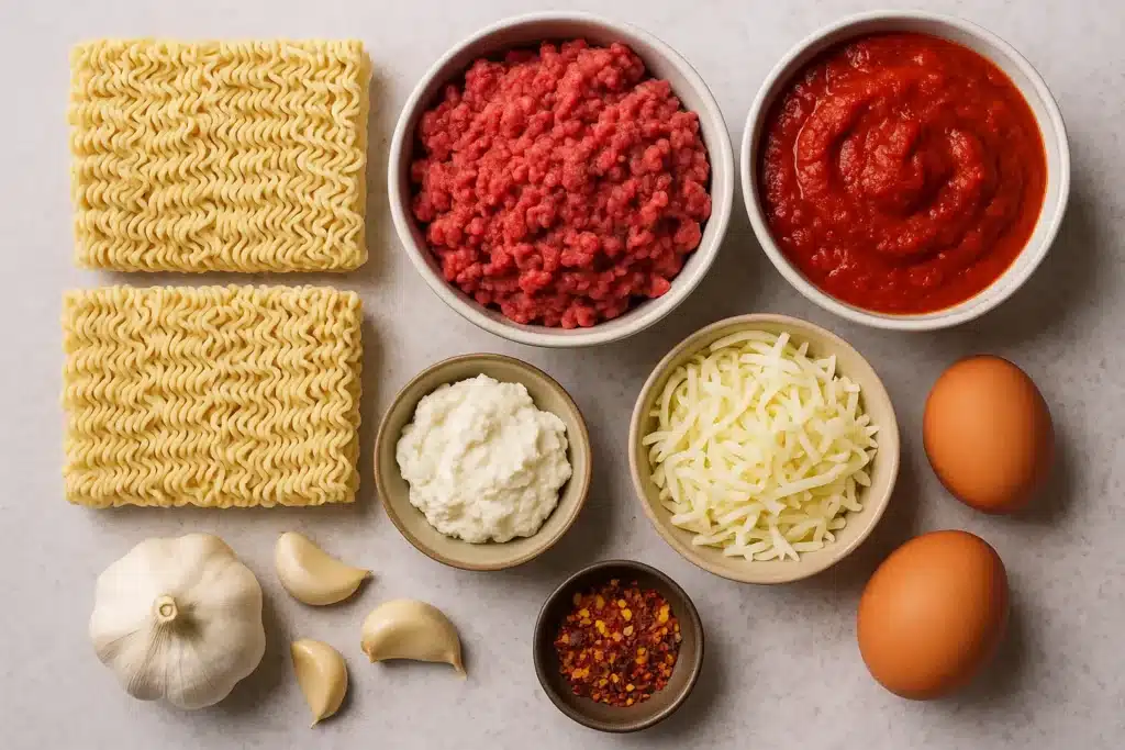 Spicy ramen lasagna ingredients flat lay