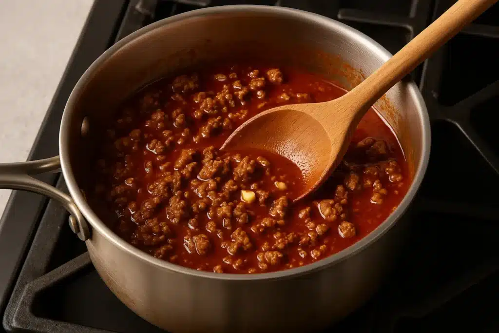 Spicy meat sauce cooking for ramen lasagna