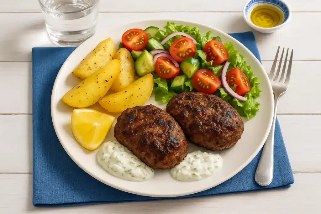 Greek Biftekia Burger Plated with Sides