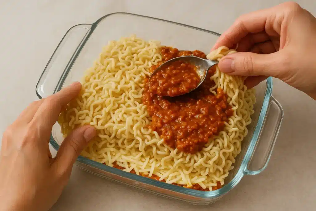 Assembling spicy ramen lasagna layers