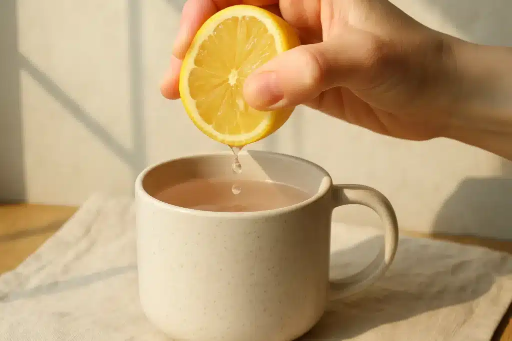 squeezing lemon into pink salt water