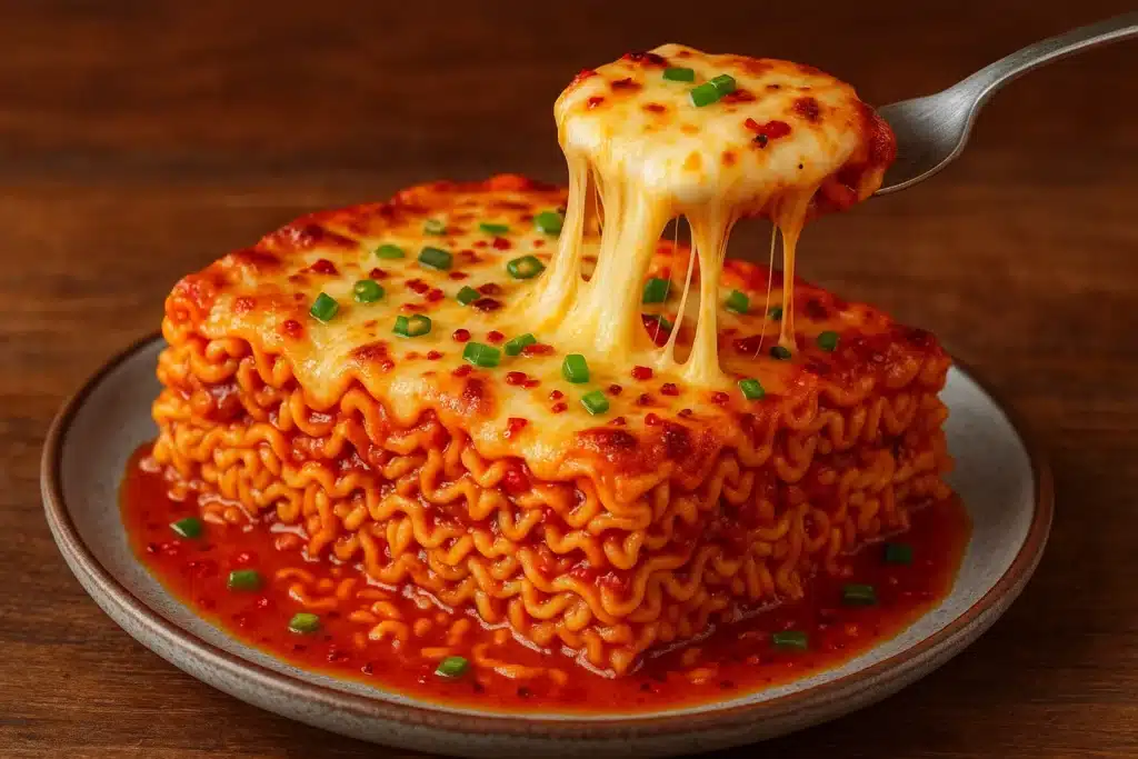 Sliced spicy ramen lasagna served with cheese pull