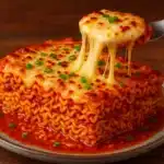 Sliced spicy ramen lasagna served with cheese pull