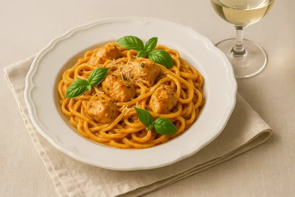 plated marry me chicken pasta with herbs