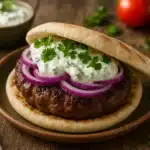 Greek Biftekia Burgers with tzatziki in pita