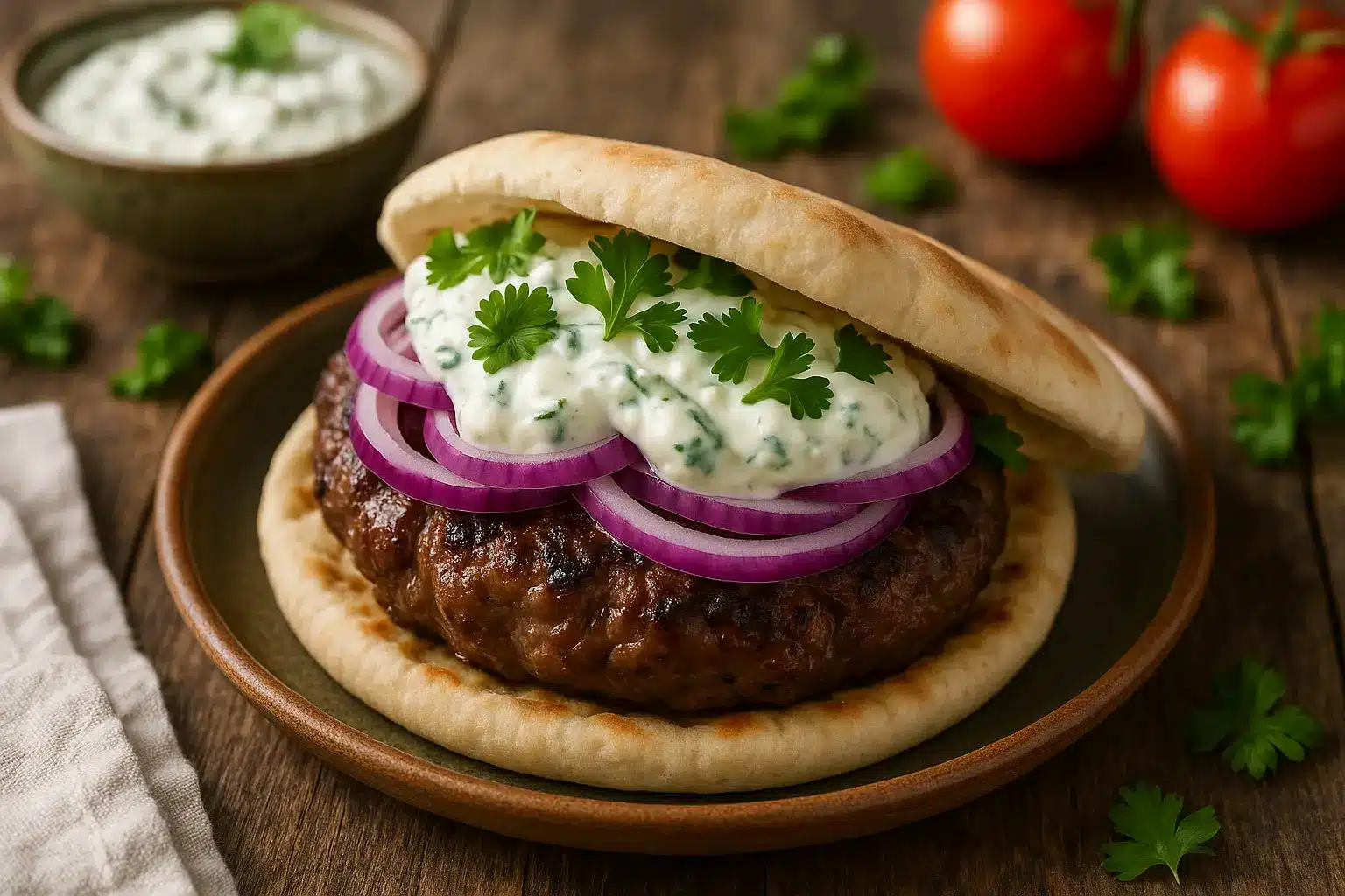 Greek Biftekia Burgers with tzatziki in pita