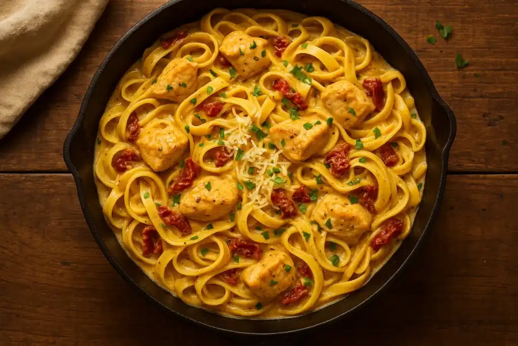 marry me chicken pasta in a skillet with creamy sauce