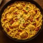 marry me chicken pasta in a skillet with creamy sauce