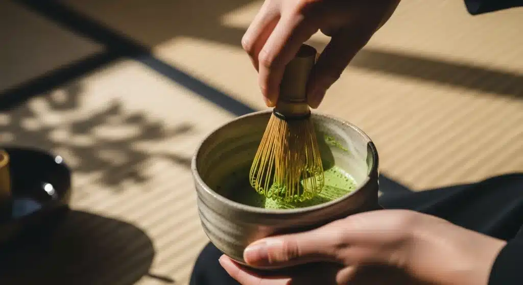 whisking matcha for green tea bubble tea