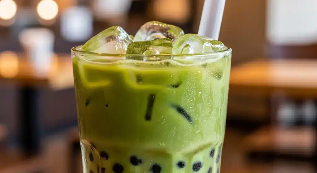 matcha green tea bubble tea in a tall glass